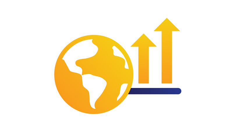 Globe next to upward pointing arrows.